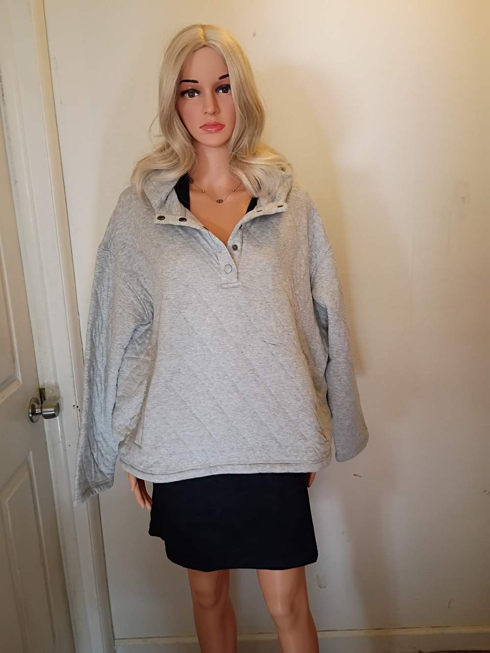 Lands' End Light Gray Quilted V-Neck Pullover Hoodie